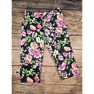 Kim Rogers Womens 16 Colorful Flora Capris Black Mid Rise Pockets Elastic Waist